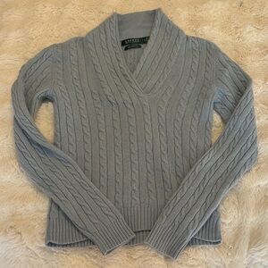 Lauren Ralph Lauren Blue Gray Cable V-Neck Sweater